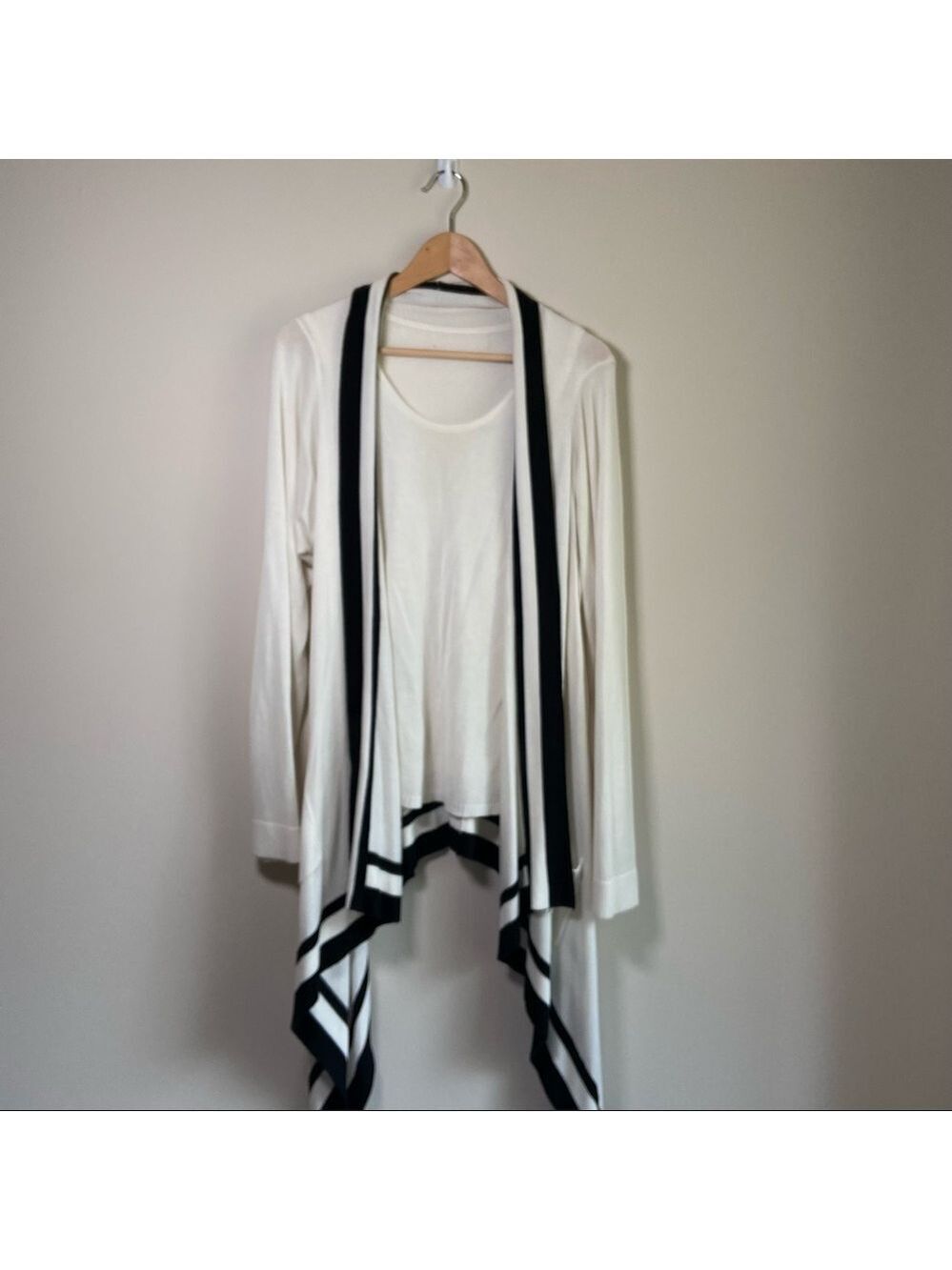 Ivory Black Merino Wool Camisole Long Cardigan Medium